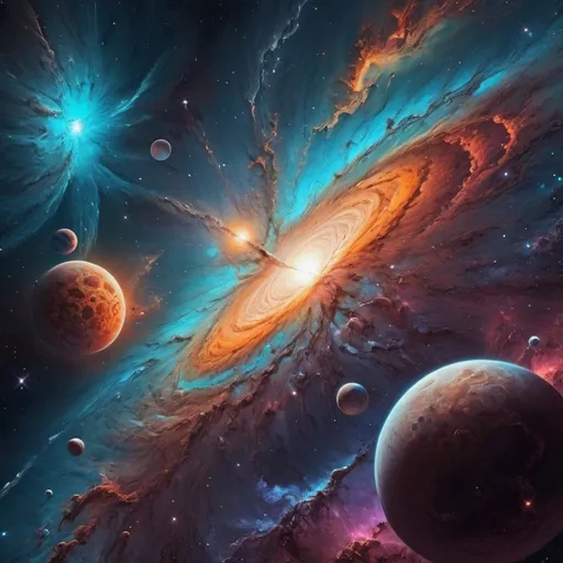 Prompt: Realistic megalomaniac space art, psychedelic, futuristic, sci-fi, dual meaning, high-quality, detailed stars and galaxies, vibrant color palette, surreal celestial objects, cosmic landscapes, astronomical details, mesmerizing visuals, intricate nebulas, majestic planets, striking cosmic compositions, stunning cosmic lighting, professional, breathtaking scenery