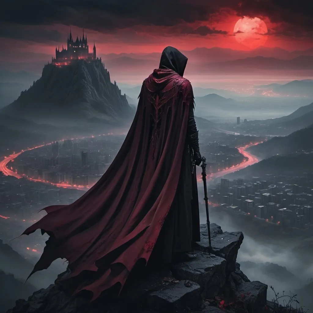 Prompt: (fantasy-gothic style), Death on a mountain peak, observing a distant city bathed in a hazy mist, (ominous lighting), dark, brooding color scheme, sharp contrasts with crimson red shadowy shades accentuating Death and his bloodstained cape, serene and peaceful ambiance of the city below, ethereal vibes, rich texture, high detail, ultra-detailed.