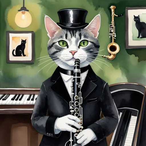Prompt: /imagine prompt: clarinet cat, a whimsical feline musician with large, expressive green eyes and a sleek black coat, playing a shiny, silver clarinet, a cozy jazz club with dim lighting and vintage posters on the walls, a feeling of warmth and relaxation with soft jazz music in the background, Painting, watercolor on textured paper, --ar 16:9 --v 5