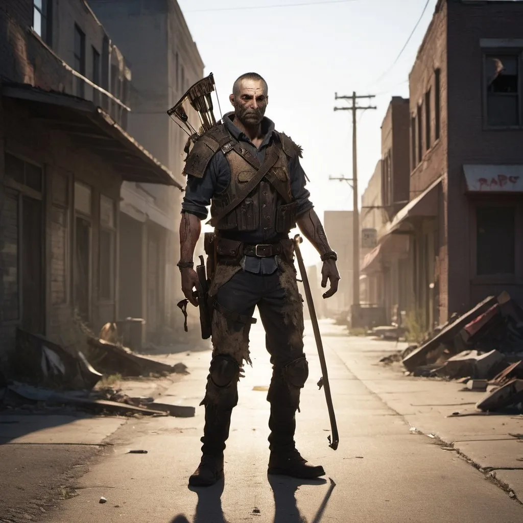 Prompt: /imagine prompt: 7 days to die human hunter, a seasoned survivor with weathered armor and a customized crossbow, standing in a dilapidated urban street, dusk light casting long shadows, an air of tense anticipation, Photography, high-resolution digital camera with a 50mm lens, --ar 16:9 --v 5