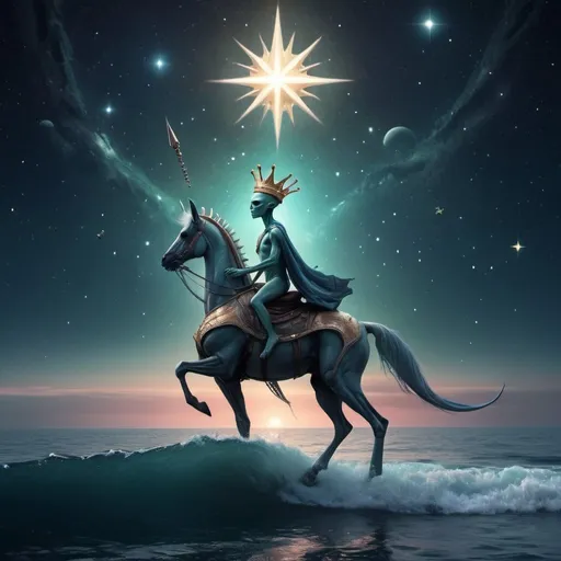 Prompt: /imagine an alien wearing a celestial crown riding above the ocean with stars