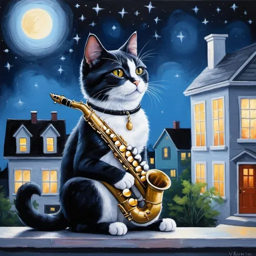 Prompt: /imagine prompt: saxophone jazz cat, a serene cat sitting on a moonlit windowsill, playing a wooden clarinet, a peaceful suburban neighborhood at night with stars twinkling above, a tranquil and soothing mood with the gentle melody of the clarinet floating through the air, Artwork, acrylic painting on canvas, --ar 9:16 --v 5