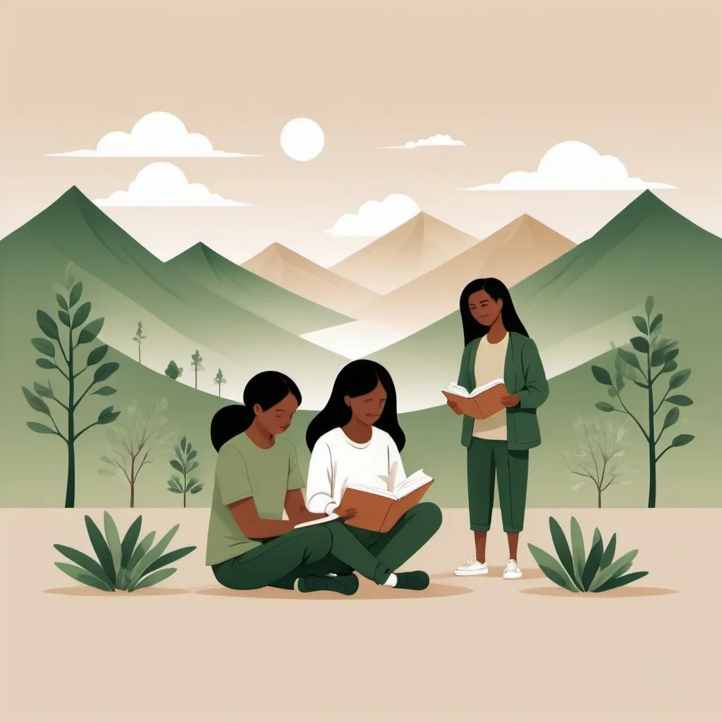 Prompt: Create a collection of minimalist illustrations using a beige and green color scheme, centered around environmental awareness, education, and community action. Depict people engaging in activities like reading, teamwork, and eco-friendly projects. The backgrounds should be clean and understated, featuring gentle accents like environment, mountains. Characters should be depicted in a warm, approachable manner, with an emphasis on positivity and collaboration. So the pictures shouldn’t be similar You can use slightly different colors, but Every picture should have a good combination with each other. The quality of the photo should be excellent!! 