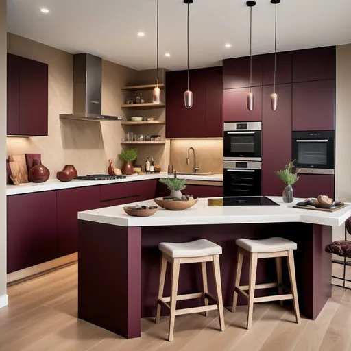 Prompt: Design a modern kitchen with kitchen using a rich, earthy palette inspired by these materials. Incorporate deep burgundy and wine hues as accent elements, such as on an accent wall, cushions, or rugs, to add warmth and depth. Use beige or cream tones on larger surfaces, like walls or sofas, to create a neutral base. Integrate textured materials like velvet or suede for upholstery to match the tactile richness. Add wooden furniture with natural oak or bamboo finishes for balance, such as a coffee table or shelving units. Use gold or brass accents in light fixtures and decor for subtle elegance. Bring in greenery, such as a potted plant, to harmonize with the natural theme and add freshness. Keep the overall design minimal and cohesive, with clean lines and layered textures to achieve a luxurious yet modern atmosphere."