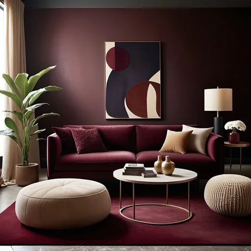 Prompt: Design a modern living room using a rich, earthy palette inspired by these materials. Incorporate deep burgundy and wine hues as accent elements, such as on an accent wall, cushions, or rugs, to add warmth and depth. Use beige or cream tones on larger surfaces, like walls or sofas, to create a neutral base. Integrate textured materials like velvet or suede for upholstery to match the tactile richness. Add wooden furniture with natural oak or bamboo finishes for balance, such as a coffee table or shelving units. Use gold or brass accents in light fixtures and decor for subtle elegance. Bring in greenery, such as a potted plant, to harmonize with the natural theme and add freshness. Keep the overall design minimal and cohesive, with clean lines and layered textures to achieve a luxurious yet modern atmosphere."