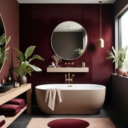 Prompt: Design a modern bathroom with kitchen using a rich, earthy palette inspired by these materials. Incorporate deep burgundy and wine hues as accent elements, such as on an accent wall, cushions, or rugs, to add warmth and depth. Use beige or cream tones on larger surfaces, like walls or sofas, to create a neutral base. Integrate textured materials like velvet or suede for upholstery to match the tactile richness. Add wooden furniture with natural oak or bamboo finishes for balance, such as a coffee table or shelving units. Use gold or brass accents in light fixtures and decor for subtle elegance. Bring in greenery, such as a potted plant, to harmonize with the natural theme and add freshness. Keep the overall design minimal and cohesive, with clean lines and layered textures to achieve a luxurious yet modern atmosphere."