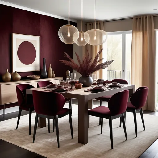 Prompt: Design a modern dinning room with kitchen using a rich, earthy palette inspired by these materials. Incorporate deep burgundy and wine hues as accent elements, such as on an accent wall, cushions, or rugs, to add warmth and depth. Use beige or cream tones on larger surfaces, like walls or sofas, to create a neutral base. Integrate textured materials like velvet or suede for upholstery to match the tactile richness. Add wooden furniture with natural oak or bamboo finishes for balance, such as a coffee table or shelving units. Use gold or brass accents in light fixtures and decor for subtle elegance. Bring in greenery, such as a potted plant, to harmonize with the natural theme and add freshness. Keep the overall design minimal and cohesive, with clean lines and layered textures to achieve a luxurious yet modern atmosphere."