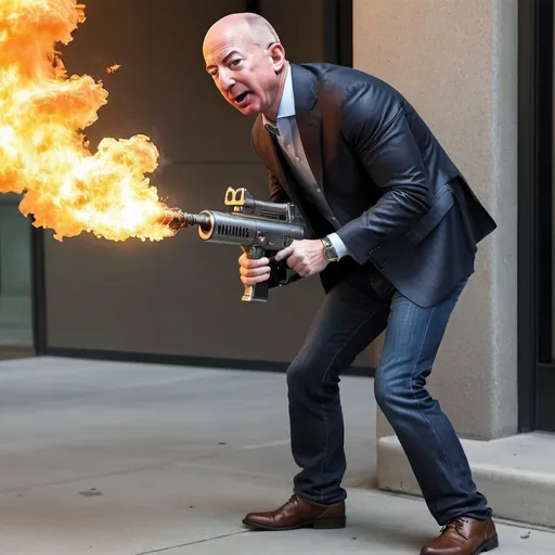 Prompt: Jeffrey Bezos robbing money from a bank and hurting little kids with a flamethrower 