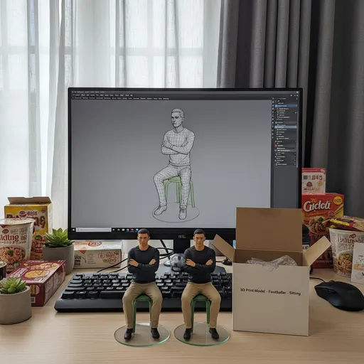 Prompt: This photograph depicts a desktop workspace with a computer monitor displaying a wireframe 3D model of a seated man holding a small plant. The man in the 3D model is positioned on a green stool, with his arms crossed and legs crossed at the knee. The monitor screen has a grayscale wireframe model, showing detailed lines and structures of the man's body. The man is wearing a dark shirt and beige pants.
In front of the monitor, there are two identical figurines of the same man, seated on a green stool, with crossed arms and legs. The figurines are made of plastic and painted in realistic colors, featuring the man in a dark shirt and beige pants, similar to the 3D model. One figurine is standing upright on a round glass base, while the other is in a cardboard box labeled "3D Print Model - Footballer - Sitting."
The desk is cluttered with various items, including a keyboard, mouse, potted plant, and several boxes of food or snacks. The background includes a window with white curtains and a dark curtain to the right. The overall color scheme includes greys, greens, and beige, with a mix of digital and physical elements in the photograph.