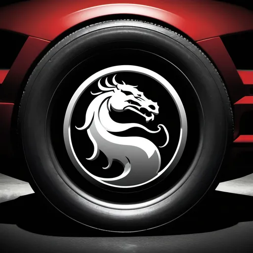 Prompt: Car wheel photo and on the top of that photo mortal kombat logo