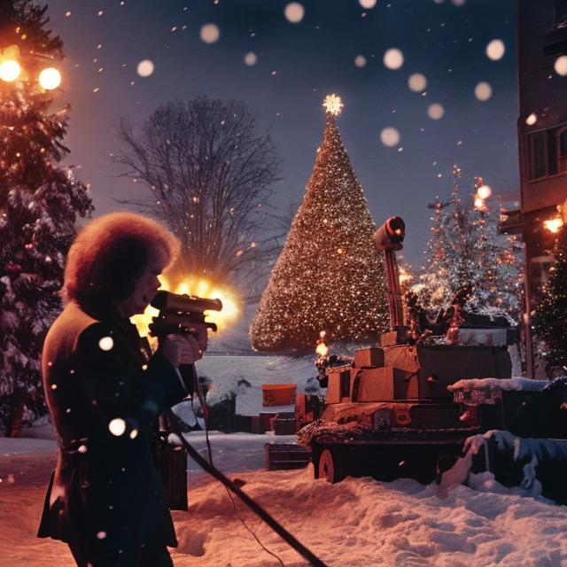 Prompt: Phil Spector firing a machine gun front and center, he is screaming. Medium shot,  Christmas-themed, looks like a Rambo movie poster, snow falling, Christmas time, festive background, high quality,  dramatic lighting, Christmas lights. 