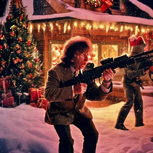 Prompt: Phil Spector firing a machine gun front and center, he is screaming. Medium shot,  Christmas-themed, looks like a Rambo movie poster, snow falling, Christmas time, festive background, high quality,  dramatic lighting, Christmas lights. 