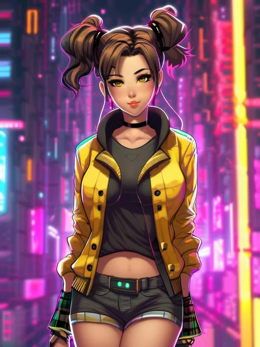 Prompt: (close-up:1.1), girl cyberpunk, cyber, (standing:1.2),  (looking at viewer:1.3), (slim body type:1.2), (large chest size:1.2), (brown double bun hair:1.2),  wearing (yellow tulle flannel shirt:1.2)  wearing (fandango organza wide-leg jeans:1.2)  secret alley in background <mymodel>