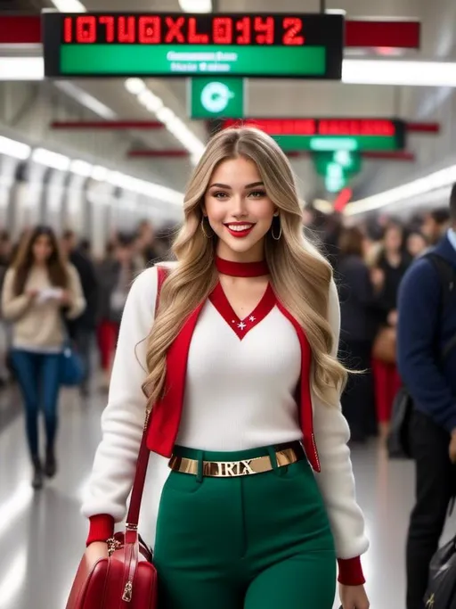 Prompt: Student Girl <mymodel> entering inside the crowded metro, metro at the station hall, large chest, tight leggings, large necklace, gold metal belt, green eyes, red make up,  long  blonde hair, bag, smiling 