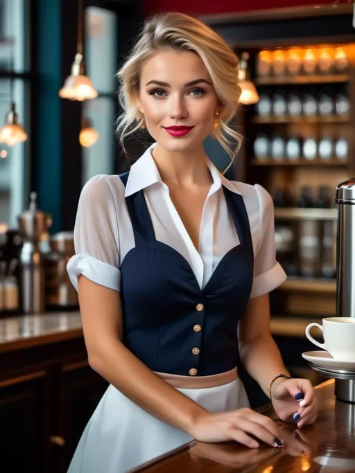 Prompt: <mymodel> , young waitress working in coffee shop, serving a  cup of coffee behind the crystal bar, chest,   french girl, blonde short hair, waitress dress,  waitress hairband, freckles, raw photo