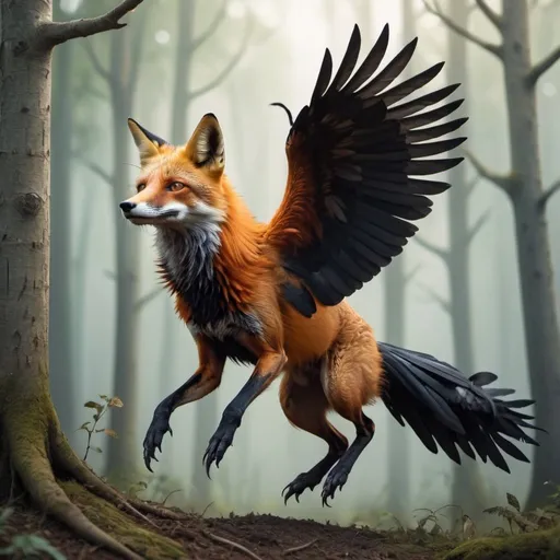 Prompt: A fox crow, it is a mesmerized fantasy and invented animal blended mix of fox and crow, jumping and flying between the trees of a dense forest