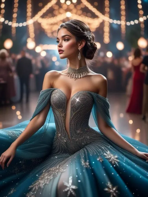 Prompt:  <mymodel>, In the midst of a starry backdrop, a resplendently adorned celestial creature gracefully poses at a lavish galactic festival. This breathtaking image, captured in a mesmerizing photograph, consists of a sophisticated being wearing an extravagant gown made of shimmering fabrics and adorned with intricate jewels. The subject's ethereal makeup exudes an otherworldly radiance, blending seamlessly with her lustrous, flowing hair. The attention to detail and the impeccable craftsmanship evident in this photograph accentuate its impeccable quality and make it an enchanting masterpiece to admire.