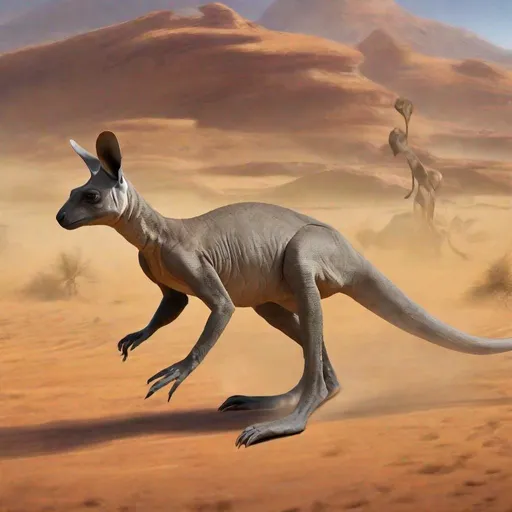 Prompt: A reptinialaroo, it is a mesmerized fantasy and invented animal blended mix of kangaroo and reptile, leaps across the dessert with the vigor of a kangaroo and the resilience of a reptile