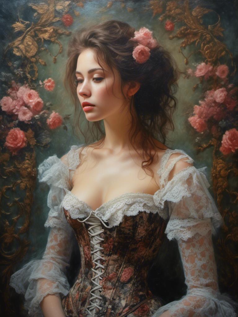 Prompt: A woman portrait in Midjourney <mymodel> style, Detailed, realistic oil painting of a woman in majestic lace corset, intricate floral patterns and delicate lacework, high-quality, realistic, oil painting, majestic, intricate lace, detailed floral patterns, realistic texture, antique, vintage style, soft lighting, rich tones, luxurious atmosphere