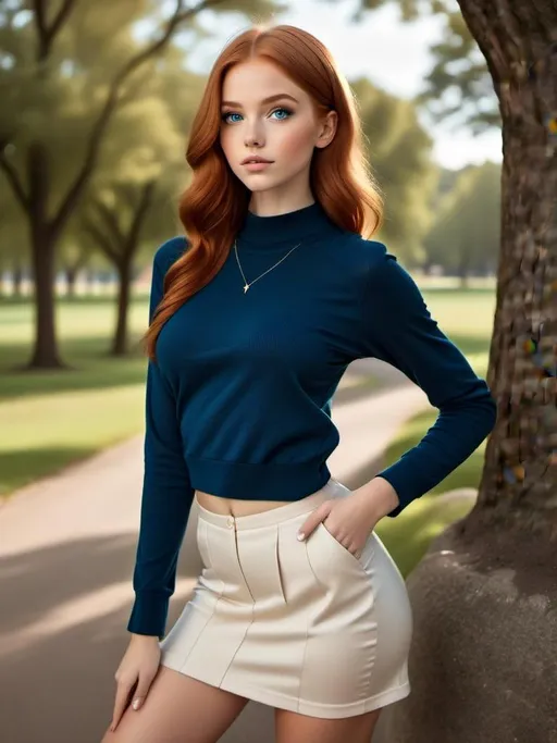 Prompt: A beautiful woman, <mymodel> wearing a high collar crop v-sweater, standing confidently, blonde ponytail hair with bangs, deep blue eyes, long tube skirt, perfect face, perfect hair, symmetrical face, slight freckles on face and slight imperfections on skin, blue high heels, Bright eyes with highlights, professional lighting, highly detailed photo, (((full body image))), long distance shot, 