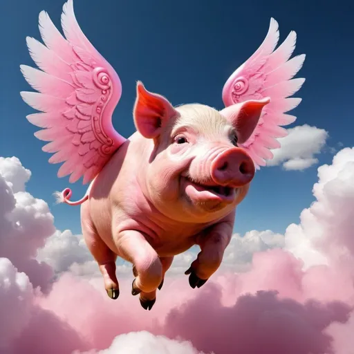 Prompt: A flight pigs, a mesmerized invented animal that flies the sky, a pink pig with wings between the clouds
