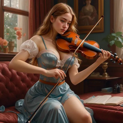 Prompt: <mymodel>, (garter belt, playing violin, chest, classical realistic Victorian oil painting  style, Victorian dress, blonde), (((crowded hall concert background))), sharp focus, intricate, detailed illustration, highly detailed
Masterpiece, best quality, hi res, 8k, hi res, 8k,  award winning ,
