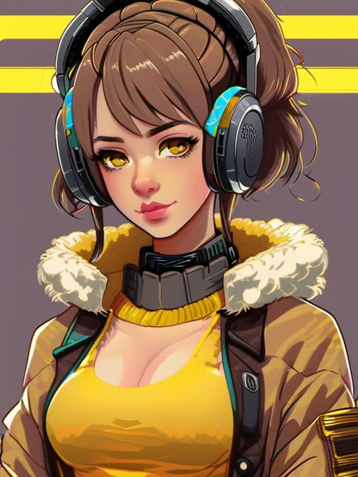 Prompt: (close-up:1.1), girl cyberpunk, cyber, (standing:1.2),  (looking at viewer:1.3), (slim body type:1.2), (large chest size:1.2), (brown double bun hair:1.2),  wearing (yellow tulle flannel shirt:1.2)  wearing (fandango organza wide-leg jeans:1.2)  secret alley in background <mymodel>
