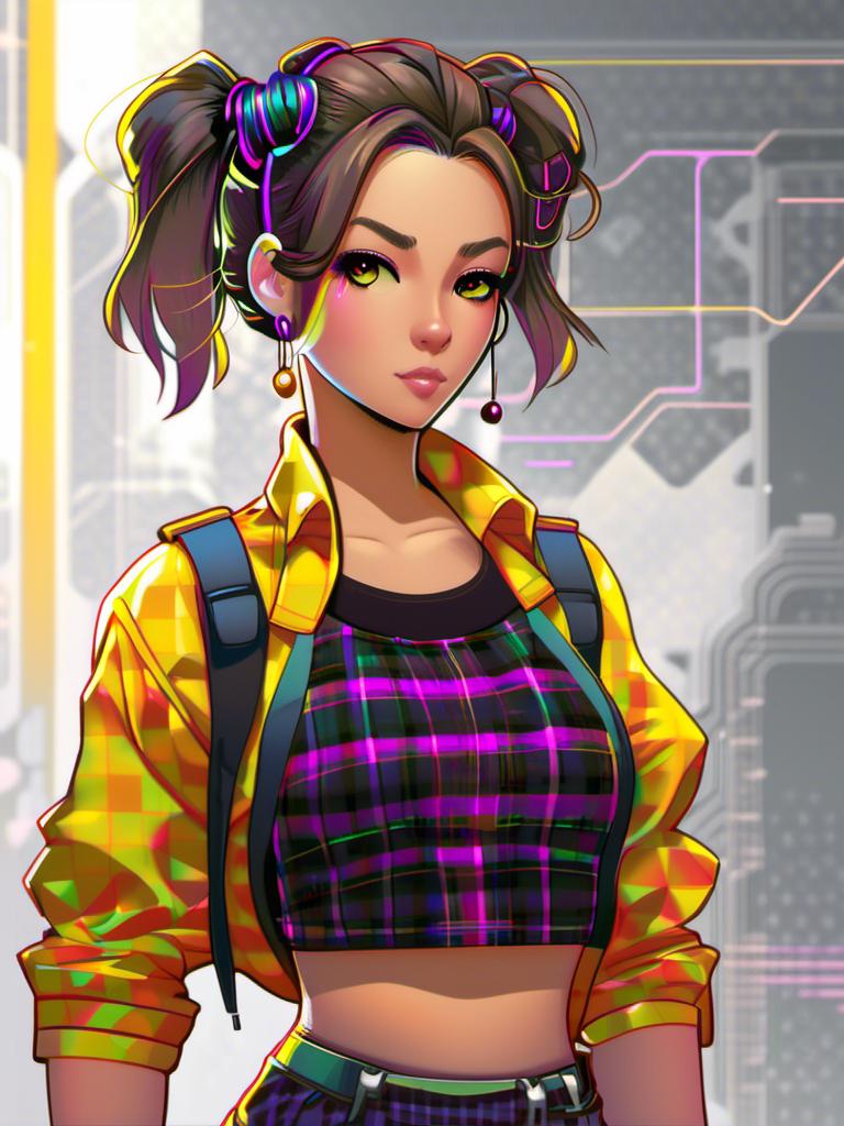 Prompt: (close-up:1.1), girl cyberpunk, cyber, (standing:1.2),  (looking at viewer:1.3), (slim body type:1.2), (large chest size:1.2), (brown double bun hair:1.2),  wearing (yellow tulle flannel shirt:1.2)  wearing (fandango organza wide-leg jeans:1.2)  secret alley in background <mymodel>