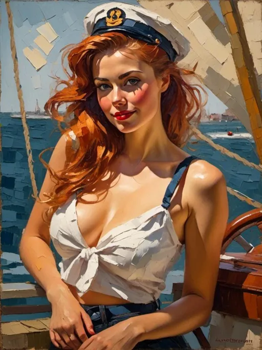 Prompt: <mymodel>thick impasto oil portrait,  A nautical pin-up with a sailor outfit and playful pose, large chest