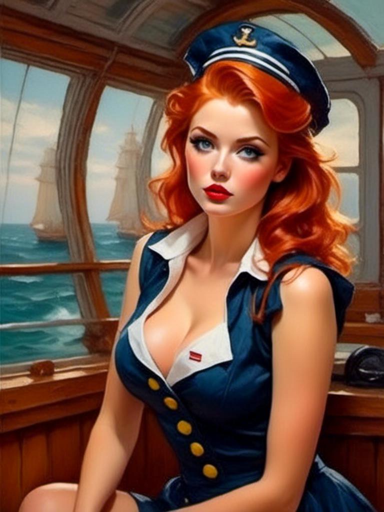 Prompt: <mymodel> A nautical pin-up with a sailor outfit and playful pose, large chest