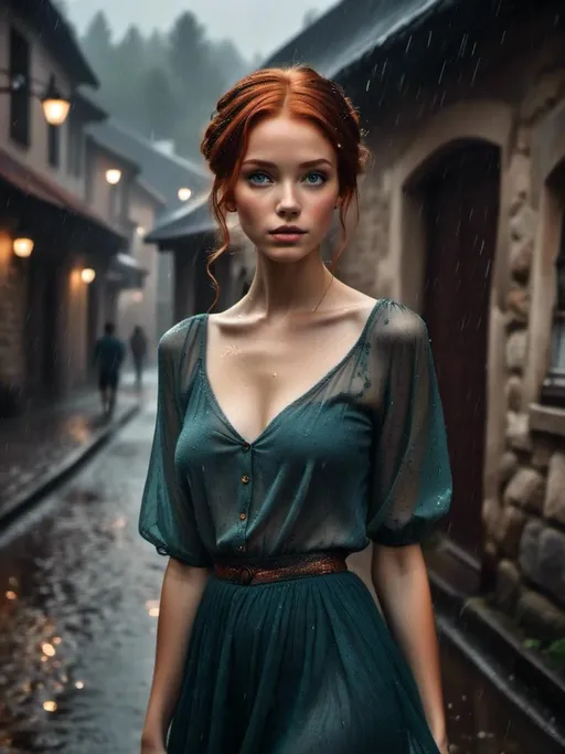Prompt: <mymodel> (wetshirt:0.8), woman standing in a downpour,  chest, european village, dirndl dress, (by Steve McCurry, by Alessio Albi, by Lee Jeffries, by Herb Ritts, by Jeremy Mann:0.8),  hair, updo, close-up, leaning against wall, cobblestone, rain, street, bokeh, red ribbons 