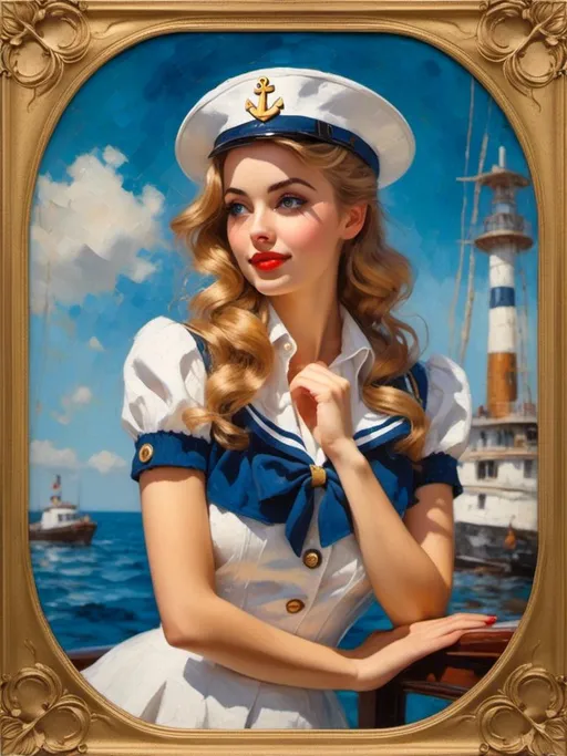 Prompt: <mymodel> A nautical pin-up with a sailor outfit and playful pose, large chest