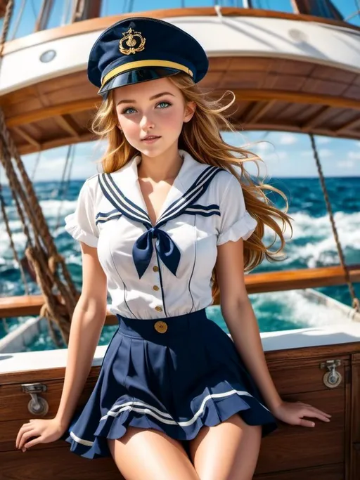 Prompt: <mymodel> A nautical pin-up with a sailor outfit and playful pose, large chest