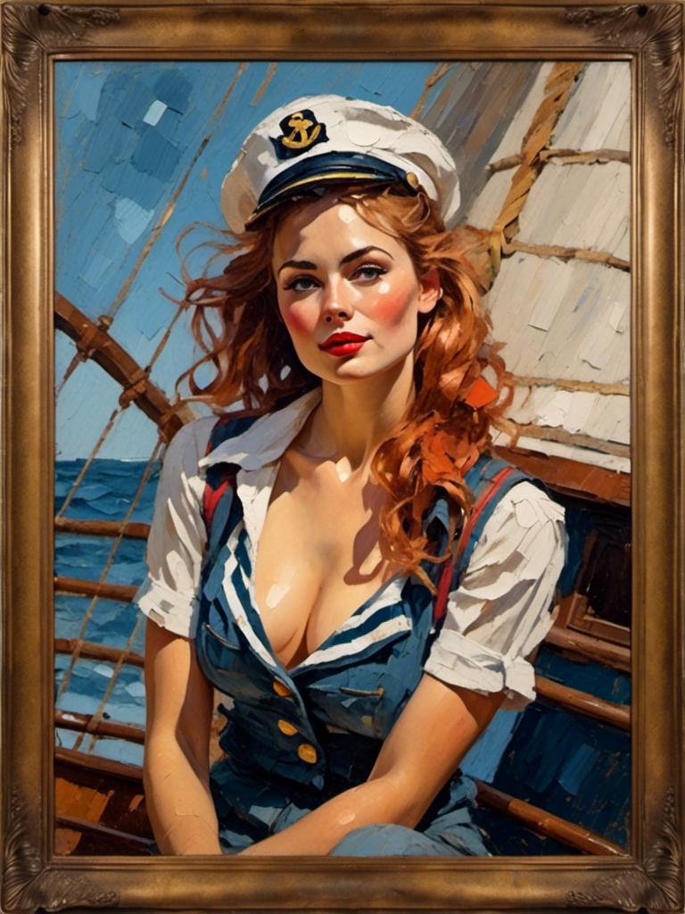 Prompt: <mymodel>thick impasto oil portrait,  A nautical pin-up with a sailor outfit and playful pose, large chest