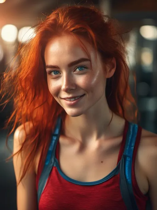 Prompt: A woman portrait in Midjourney <mymodel> style,  Beautiful Girl with red fitness clothing, beautiful blue eyes and big smile, pale skin, medium red hair, workout, gym ambience, 8k, hyper realistic, attractive beautiful, detailed face and skin, full-body portrait