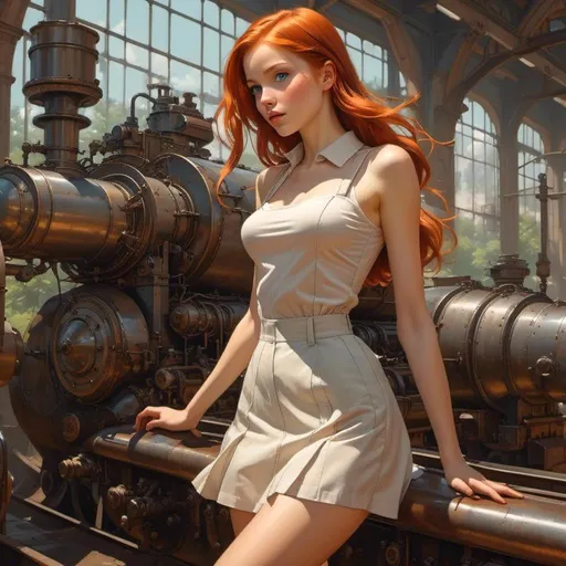 Prompt: <mymodel> Beatrice Alemagna, Elzbieta Gaudasinska, Kilian Eng, Francois Schuiten, Beni Montresor, Surrealism, strange, bizarre, fantastic, fantasy, Sci-fi, Japanese anime, how to coexist with machines, from steam engines to AI, New Machine Age, miniskirt beautiful girl in mechanical clothes, perfect voluminous body, detailed masterpiece 