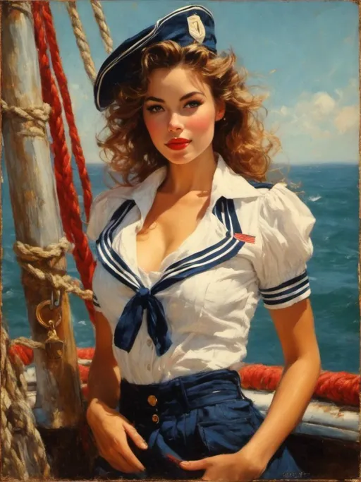 Prompt: A woman portrait in Midjourney <mymodel> style, A nautical pin-up with a sailor outfit and playful pose, large chest