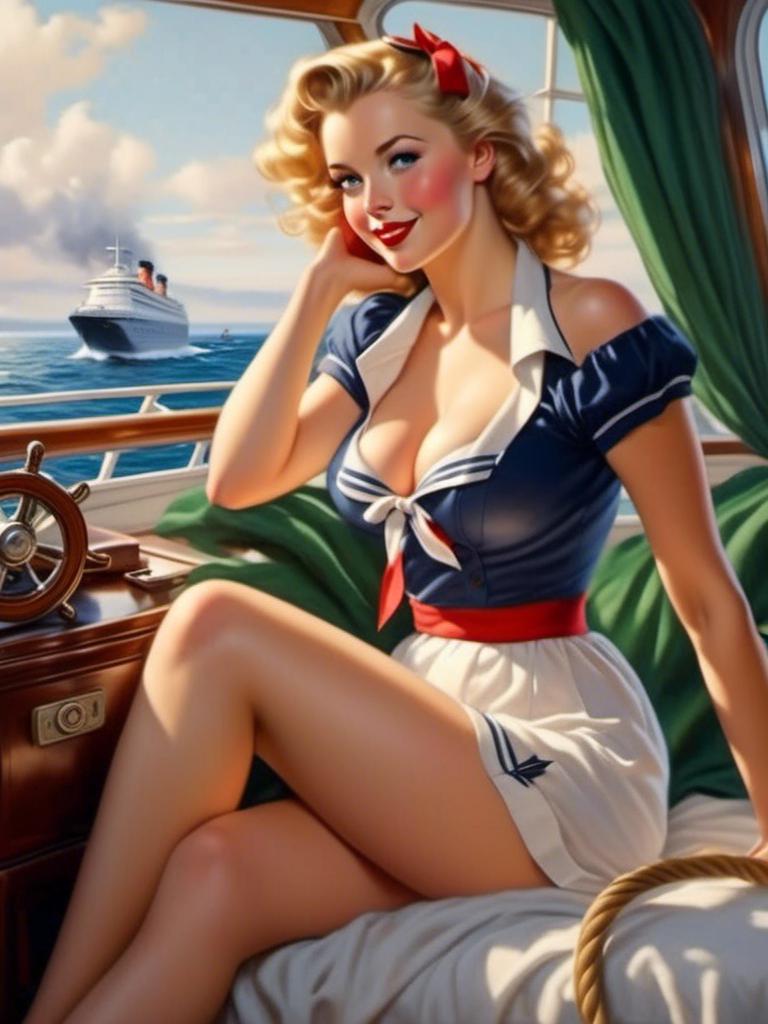 Prompt: <mymodel> A nautical pin-up with a sailor outfit and playful pose, large chest