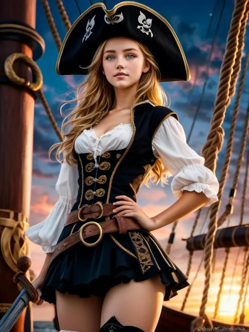 Prompt: <mymodel> high quality, super realistic, pirate hat, a 20-year-old Pirate Maiden with a celestial beauty rivaling the stars, Picture her poised at the helm of a grand pirate ship, her silhouette defined against the shimmering night sky of a crimson moon, The vessel itself is a maritime masterpiece, adorned with intricate carvings, polished brass embellishments, and an array of mystical symbols, The Scarlet Moonlit Pirate dons a resplendent ensemble blending midnight blues with silvery hues, adorned with delicate lace and glistening gemstones, A star-like pendant gracefully hangs around her neck, emphasizing her bewitching aura, by yukisakura, high detailed,
