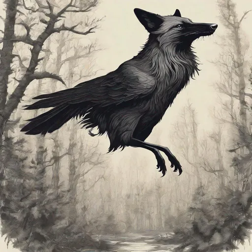 Prompt: A fox crow, it is a mesmerized fantasy and invented animal blended mix of fox and crow, jumping and flying between the trees of a dense forest