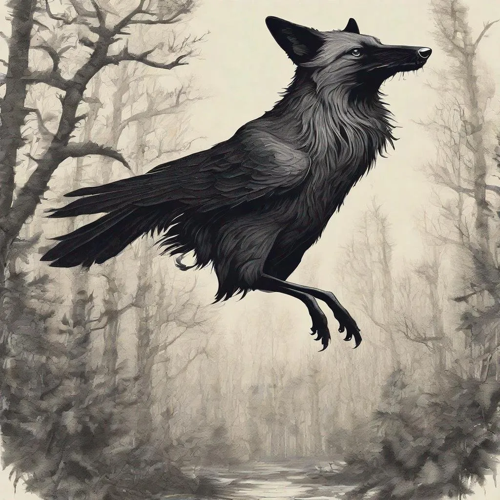 Prompt: A fox crow, it is a mesmerized fantasy and invented animal blended mix of fox and crow, jumping and flying between the trees of a dense forest