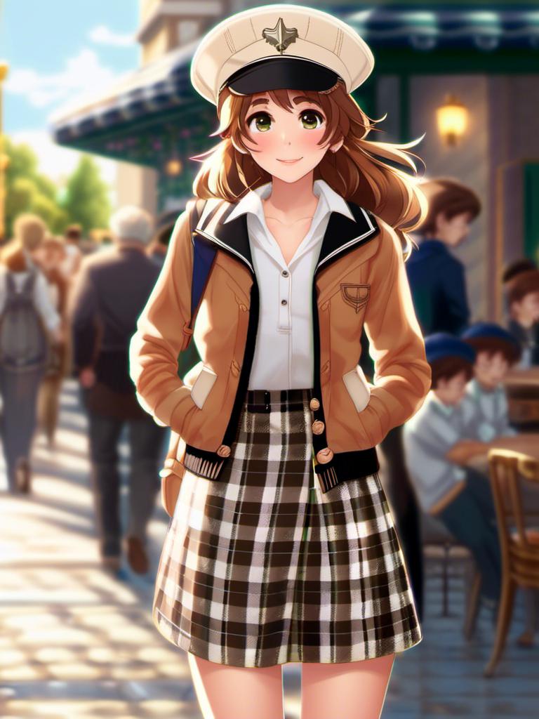 Prompt: french, (1girl, solo, Nemo Nelly), (light brown cardigan), checkered skirt, white beret, black sailor shirt, ((skinny)), ((puffy eyes)),brown hair, medium hair, cowboy shot, medium chest, swept bangs,walking,outdoors,sunshine,light_rays,fantasy,blurry_foreground,rococo,street,crowd,hair_flower,low tied hair, smile,half-closed eyes, ,dating, (heavy breathing:1.5) ,tears, crying, blush, wet, sweat, beautiful, masterpiece, best quality, extremely detailed face, perfect lighting,<mymodel>