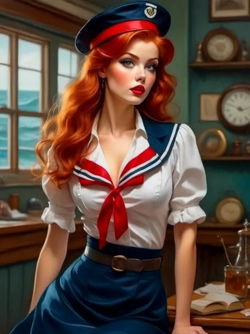 Prompt: <mymodel> A nautical pin-up with a sailor outfit and playful pose, large chest