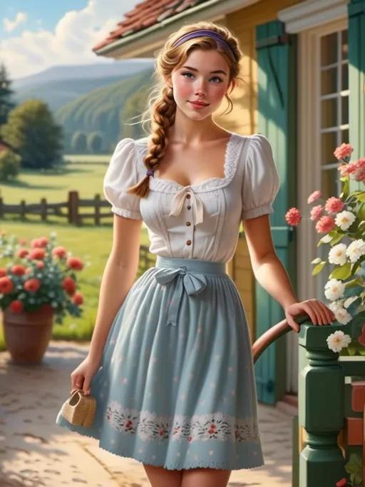 Prompt: <mymodel> ,  countryside girl standing in a porch of country house, skirt, huge chest, pixie haircut with pigtails, legs, freckles, auburn hair, hazel eyes, tight blouse,  hair band, mischievous gaze, natural lighting, soft pastel colors, detailed eyes, playful, carefree, highres, natural, whimsical, comfortable