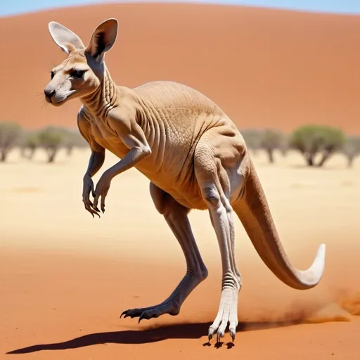 Prompt: A reptinialaroo, it is a mesmerized fantasy and invented animal blended mix of kangaroo and reptile, leaps across the dessert with the vigor of a kangaroo and the resilience of a reptile