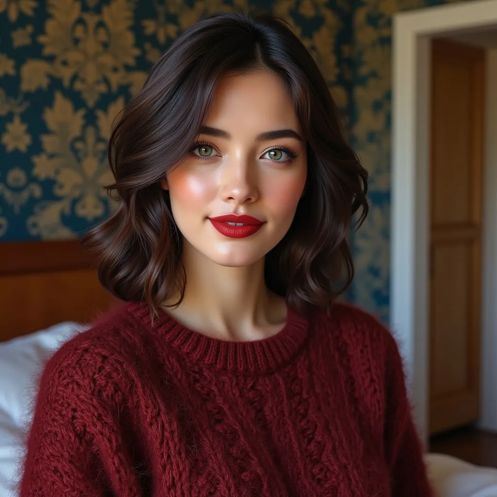 Prompt: beautiful woman in a modern home, against a wall with wallpaper and furniture background
wearing long cable knitted angora mohair sweater , (extremely fluffy:1.8) angora mohair sweater, from side, looking at viewer, smile, (full lips:1.8), red lipstick, eyeliner, makeup, 8k, very detailed, green eyes, very detailed eyes,
source_real, raw, photo, amateur, woman, Diamond Face, Close-Set Eyes, [eyecolors violet], turned up nose-shape, full lips, high cheekbones, weak receding chin, burgundy, lob, light blue, lip gloss, __15JeweleryMaterials__ __14Piercing__, portrait, lust, highly detailed, detailed skin, depth of field, film grain
(photorealistic) (bokeh) (intricate details) (cinematic lighting) (sharp focus)