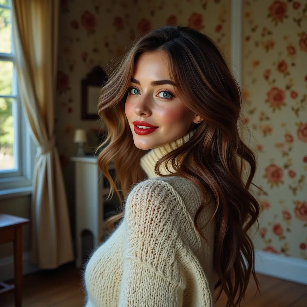 Prompt: beautiful woman in a modern home, against a wall with wallpaper and furniture background
wearing long cable knitted angora mohair sweater , (extremely fluffy:1.8) angora mohair sweater, from side, looking at viewer, smile, (full lips:1.8), red lipstick, eyeliner, makeup, 8k, very detailed, green eyes, very detailed eyes,
source_real, raw, photo, amateur, woman, Diamond Face, Close-Set Eyes, [eyecolors violet], turned up nose-shape, full lips, high cheekbones, weak receding chin, burgundy, lob, light blue, lip gloss, __15JeweleryMaterials__ __14Piercing__, portrait, lust, highly detailed, detailed skin, depth of field, film grain
(photorealistic) (bokeh) (intricate details) (cinematic lighting) (sharp focus)