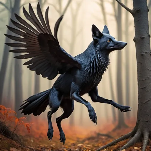 Prompt: A fox crow, it is a mesmerized fantasy and invented animal blended mix of fox and crow, jumping and flying between the trees of a densed forest