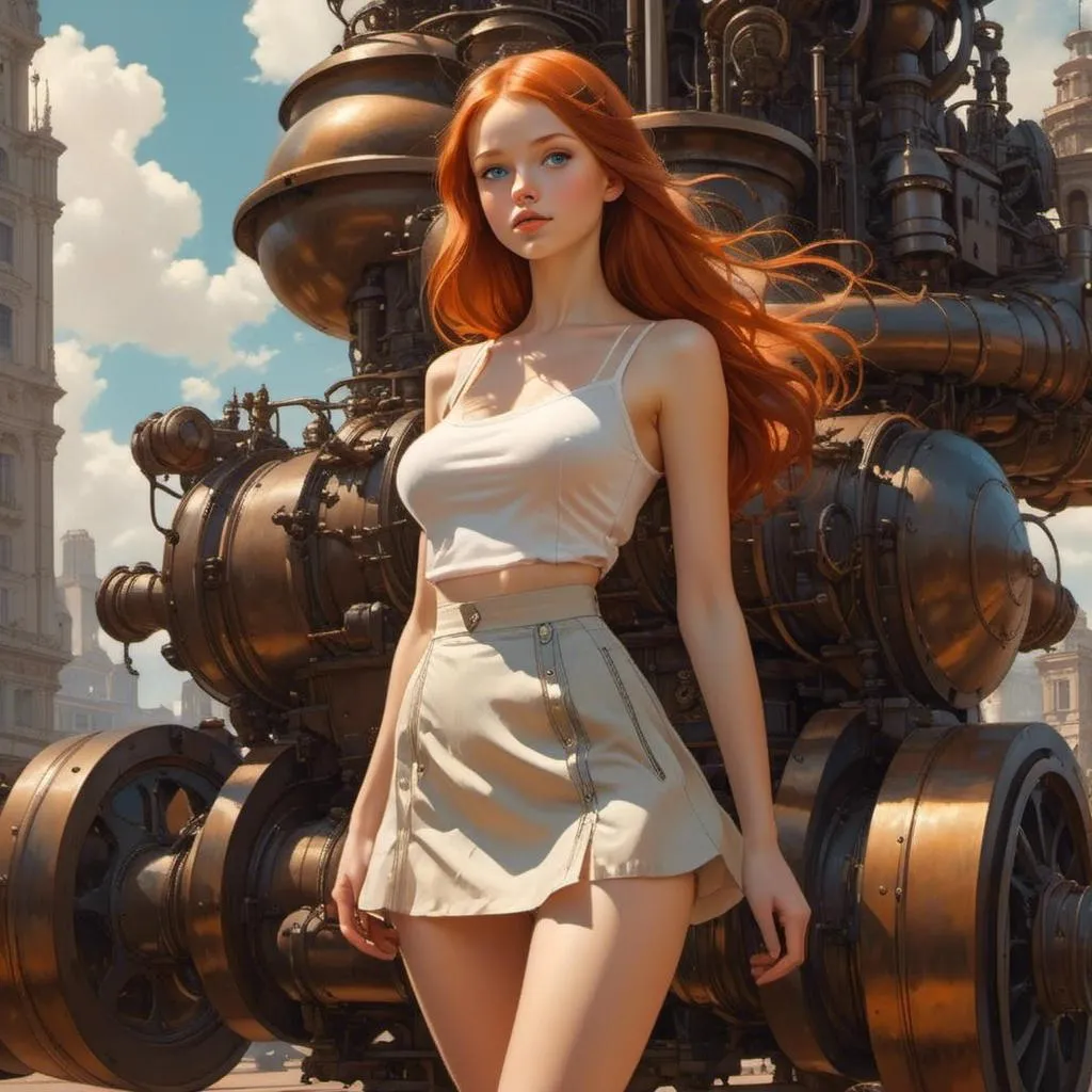 Prompt: <mymodel> Beatrice Alemagna, Elzbieta Gaudasinska, Kilian Eng, Francois Schuiten, Beni Montresor, Surrealism, strange, bizarre, fantastic, fantasy, Sci-fi, Japanese anime, how to coexist with machines, from steam engines to AI, New Machine Age, miniskirt beautiful girl in mechanical clothes, perfect voluminous body, detailed masterpiece 