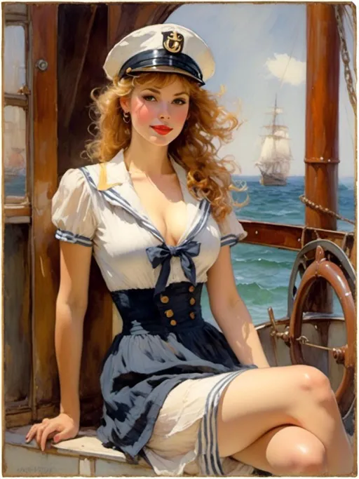 Prompt: <mymodel> A nautical pin-up with a sailor outfit and playful pose, large chest